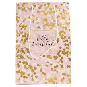 Sacola Para Presentes Média Dourada Confetti Rosa Branco