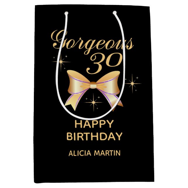 Sacola Para Presentes Média Dourada Garota de Fita Belo Feliz Aniversário Negr (Frente)