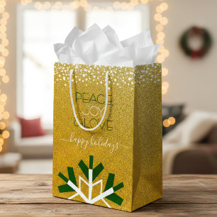 Sacola Para Presentes Média Dourada Glitter Snowflake Joy Joy Love Tipografia