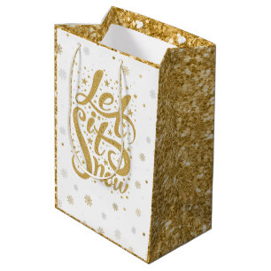 Sacola Para Presentes Média Dourada Tipografia de Natal Leve