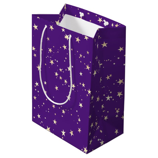 Sacola Para Presentes Média Douradas estrelas no fundo real roxo (Verso inclinado)