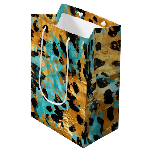 Sacola Para Presentes Média Dourado Aqua Black Lepard Animal