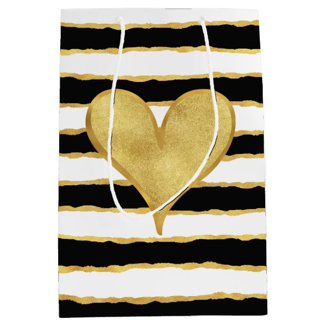 Sacola Para Presentes Média Dourado Branco Preto Stripes Coração (Frente)