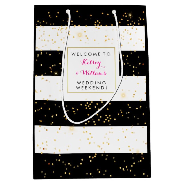 Sacola Para Presentes Média Dourado Casamento Branco Negro Fora da Cidade Boas (Frente)