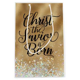 Sacola Para Presentes Média Dourado Cristo do Natal Cristão Salvador