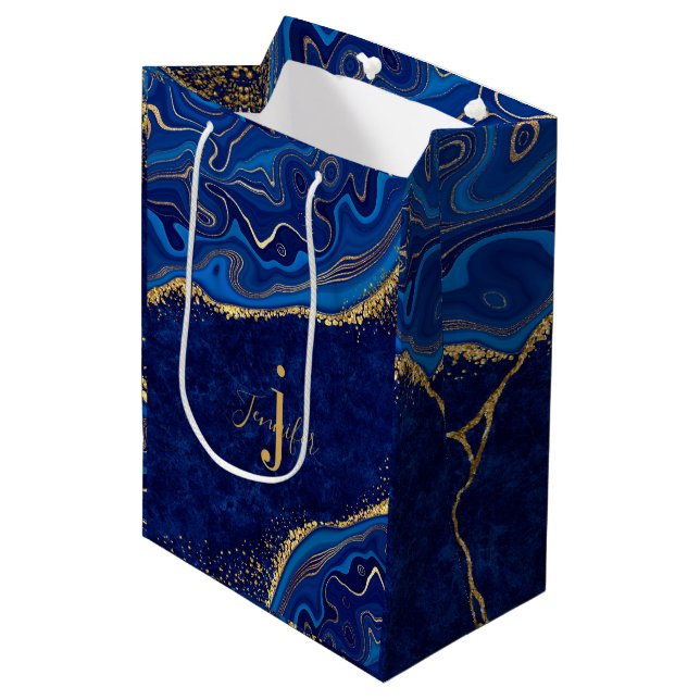 Sacola Para Presentes Média Dourado e Azul Moderno Elegante Ágata Brilho Perso (Frente inclinada)
