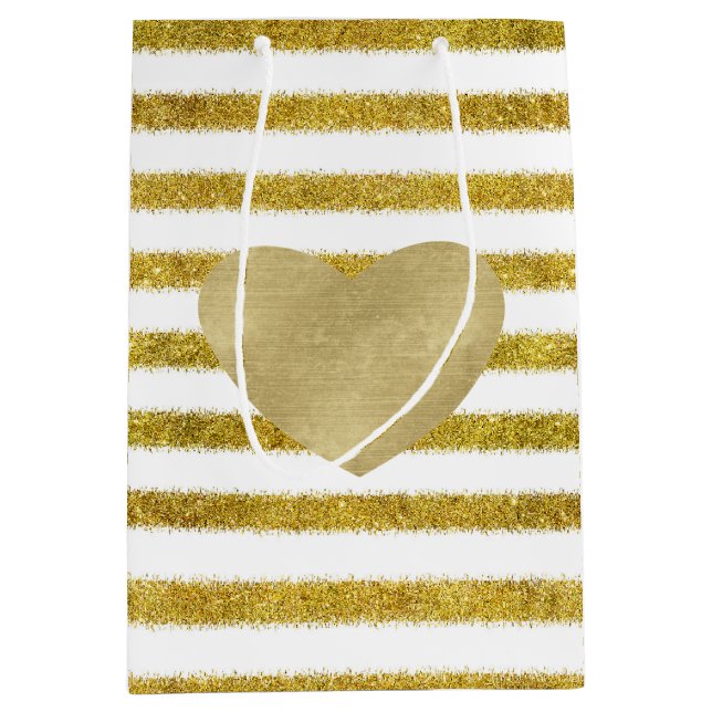 Sacola Para Presentes Média Dourado e Branco Stripes Chic Coração (Frente)