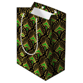 Sacola Para Presentes Média Dourado e verde Art Deco, de preto