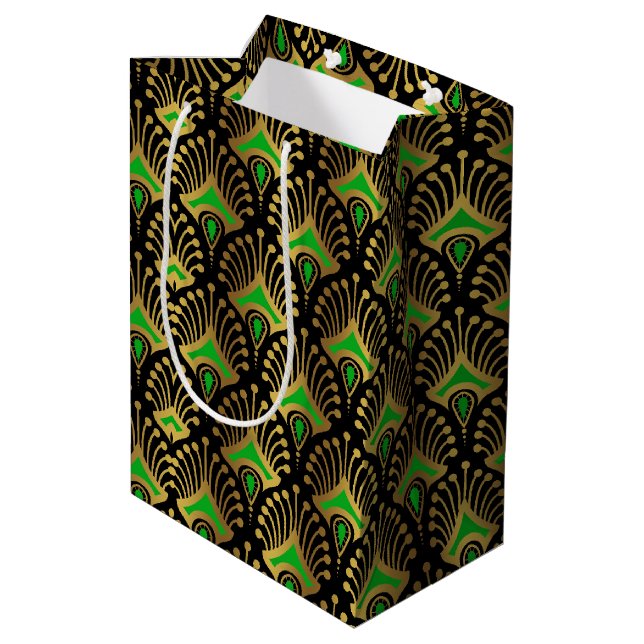 Sacola Para Presentes Média Dourado e verde Art Deco, de preto (Verso inclinado)