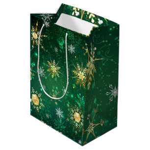 Sacola Para Presentes Média Dourado Flocos de Neve Verdes no Natal Médio