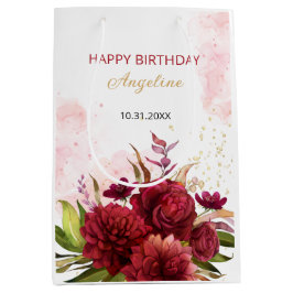 Sacola Para Presentes Média Dourado Glitter Burgundy Dahlia Rosa Floral Aniver