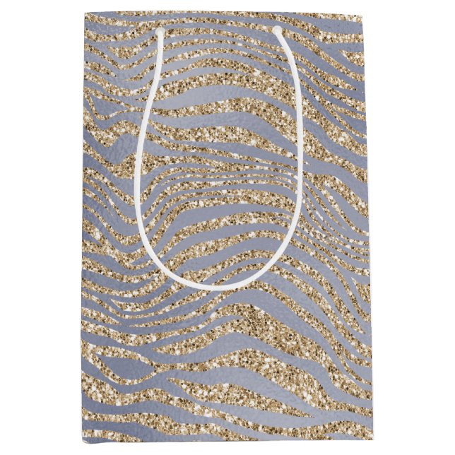 Sacola Para Presentes Média Dourado Luxo Glitter Zebra no Natal da Paz     (Frente)