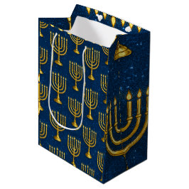 Sacola Para Presentes Média Dourado Menorahs em Sparkly Jay Blue Hanukkah