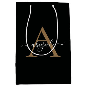 Sacola Para Presentes Média Dourado Monogramado Preto Jade Minimalista Elega