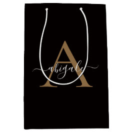 Sacola Para Presentes Média Dourado Monogramado Preto Óleo | Minimalista Elega
