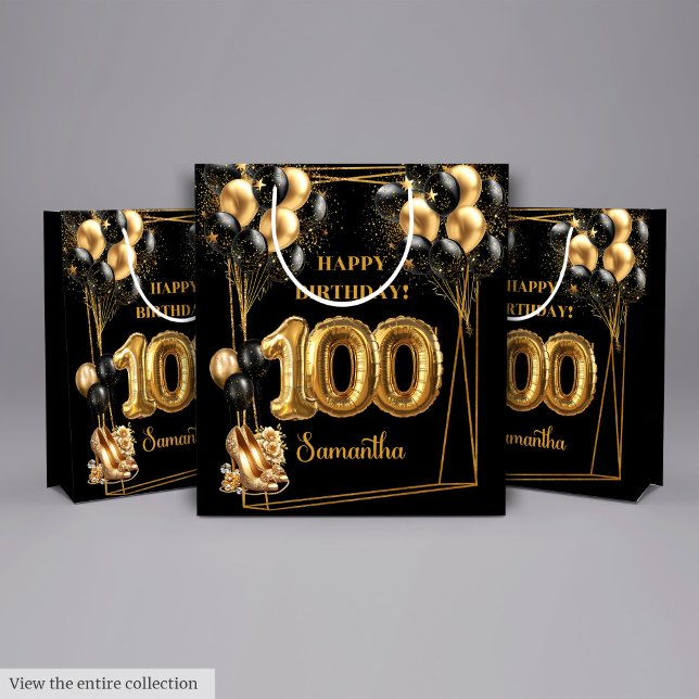 Sacola Para Presentes Média Dourado salto alto 100º aniversário - ✨ (Gold High Heels 100th Birthday Gift Bag ✨)