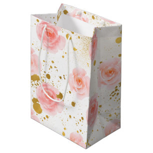 Sacola Para Presentes Média Dourados Splatters Rosa Roscas Aquarela