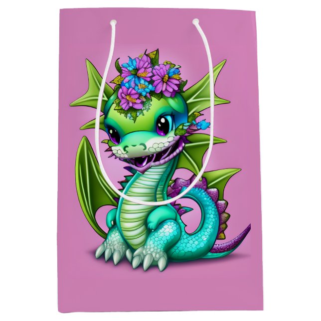 Sacola Para Presentes Média Dragão-bebê roxo e verde (Frente)