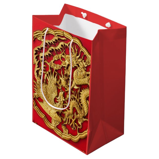 Sacola Para Presentes Média Dragão Fênix Vermelho Ouro Casamento Chinês (Frente inclinada)