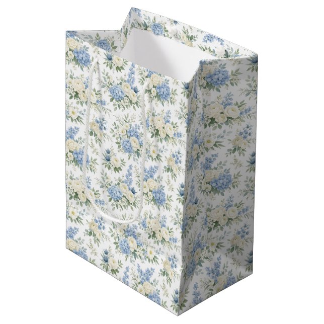 Sacola Para Presentes Média Dusty Blue Cream Florals Wedding Bridal Shower (Frente inclinada)