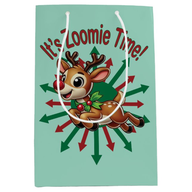 Sacola Para Presentes Média "É hora da Zoomie! Reindeer de Natal (Frente)