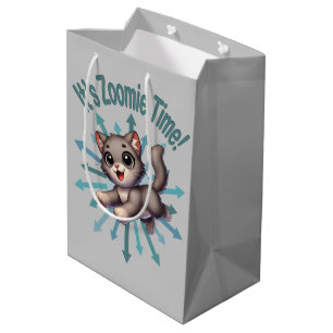 Sacola Para Presentes Média É Hora do Zoomie Gato Cinza e Branco Fofo