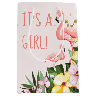 Sacola Para Presentes Média É uma garota! Flor Dourado Rosa Tropical Flamingo