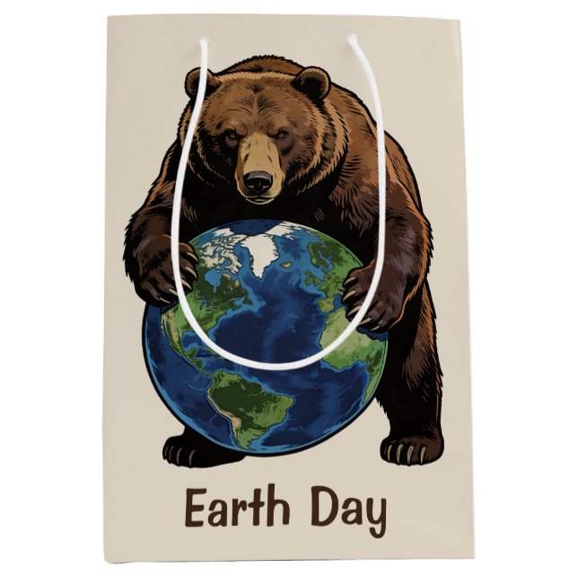 Sacola Para Presentes Média Earth Day Bear Hugging Planet Design (Frente)