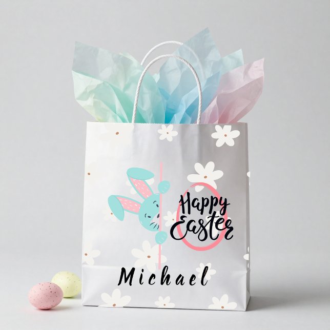 Sacola Para Presentes Média Easter Blue Bunny Personalized Gift Bag (Criador carregado)