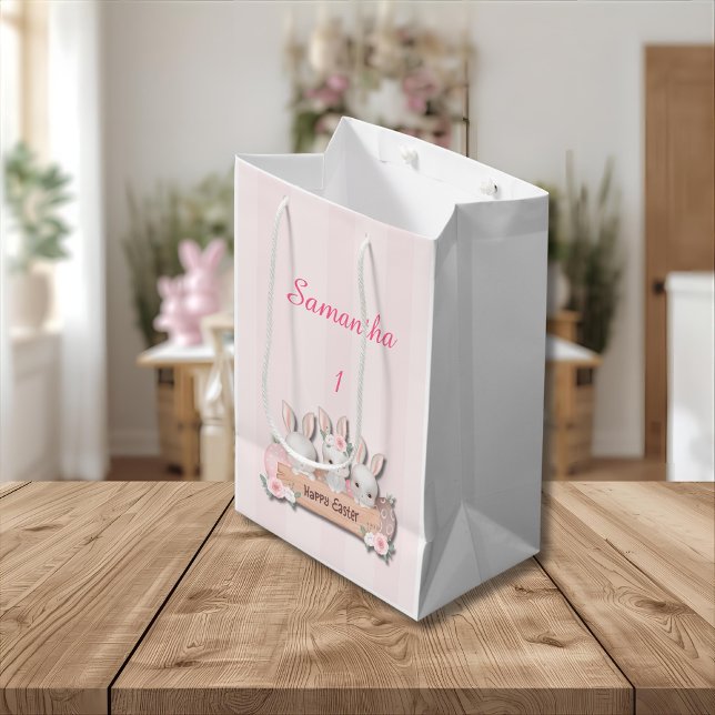 Sacola Para Presentes Média Easter Gift Bag - Kawaii Bunnies & Pastel Roses (Criador carregado)