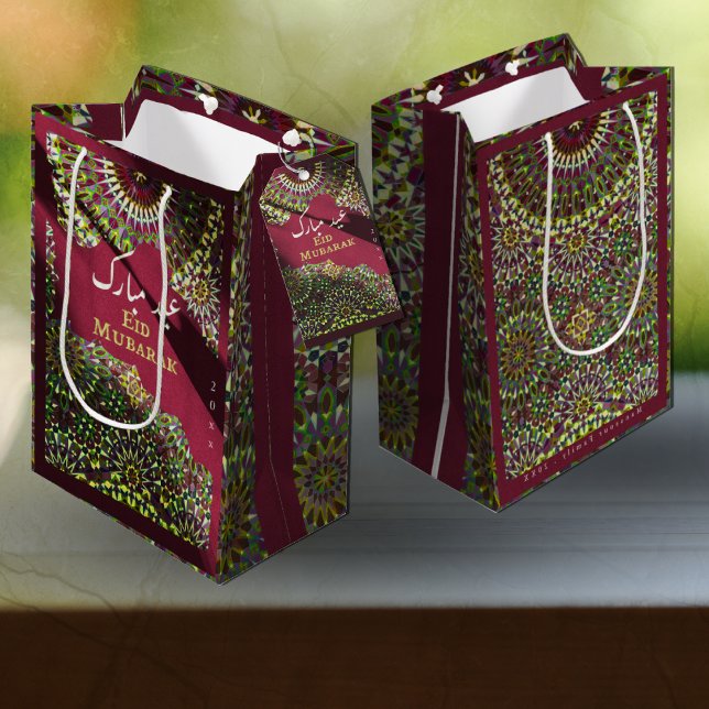 Sacola Para Presentes Média Eid Mubarak — Padrão ornamental Crimson Red Ouro (Criador carregado)
