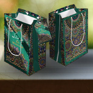 Sacola Para Presentes Média Eid Mubarak — Padrão ornamental Emerald