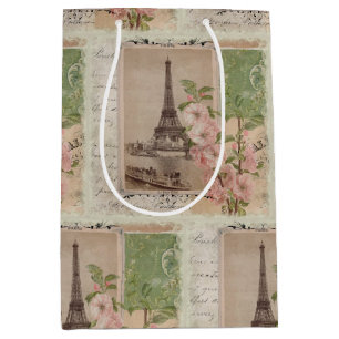 Sacola Para Presentes Média Eiffel Tower Floral Paris Vintage Ephemera Script