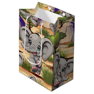 Sacola Para Presentes Média Elefante Bebê Pulando Feliz em Savana Africana