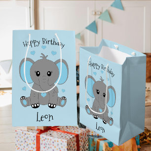 Sacola Para Presentes Média Elefante de bebê bonito em azul, aniversário de me