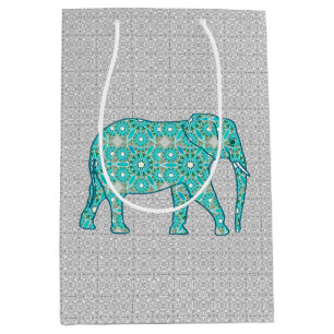 Sacola Para Presentes Média Elefante Flor Mandala, Turquesa, Cinzas e Branco