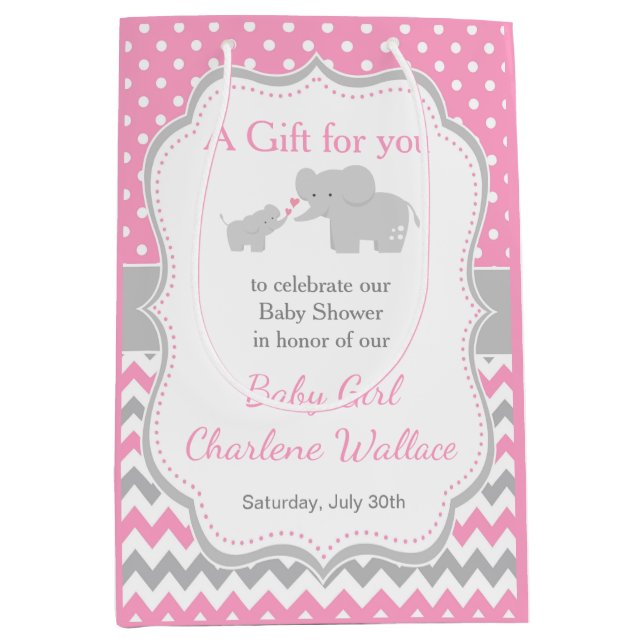 Sacola Para Presentes Média Elefante rosa e Chá de fraldas de Cinza Obrigado (Frente)