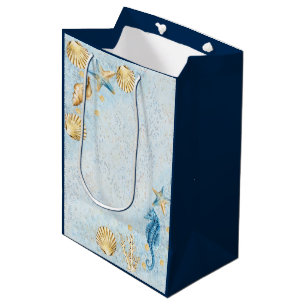 Sacola Para Presentes Média Elegância Costeira Moderno Azul e Dourado Sob o