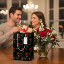 Elegant Black Gift Bag with Hand-Drawn Red Roses