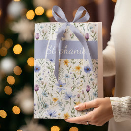 Sacola Para Presentes Média Elegant Blue Purple Watercolor Wildflower 