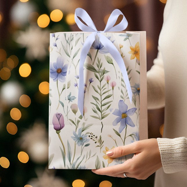 Sacola Para Presentes Média Elegant Blue Purple Watercolor Wildflower  (Criador carregado)