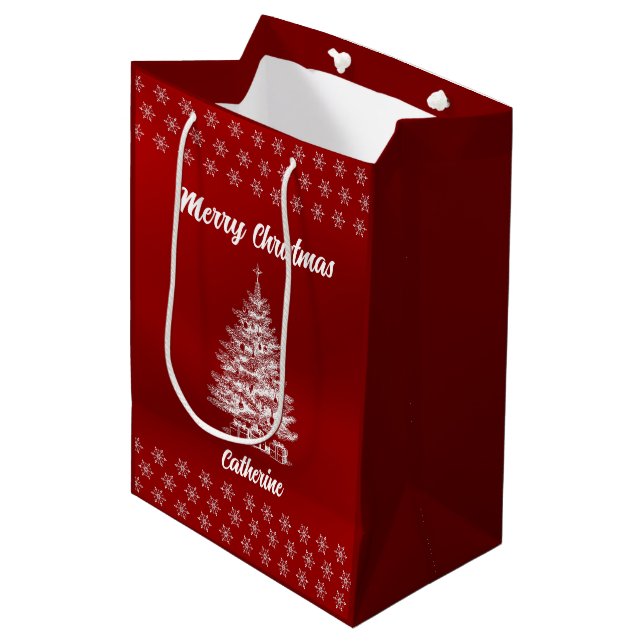 Sacola Para Presentes Média Elegant Chic Cute Modern Festive Red and White  (Frente inclinada)