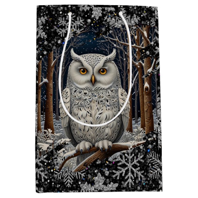 Sacola Para Presentes Média Elegant Christmas white owl woodland winter forest (Frente)