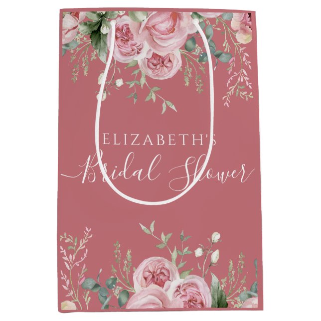 Sacola Para Presentes Média Elegant Eucalyptus & Pink Roses Invite (Frente)