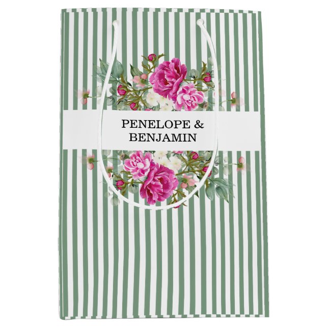 Sacola Para Presentes Média Elegant Floral Pink Peony Striped Wedding (Frente)