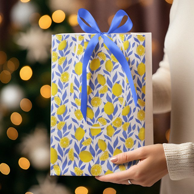 Sacola Para Presentes Média Elegant French Country Lemon Blue Botanical (Criador carregado)