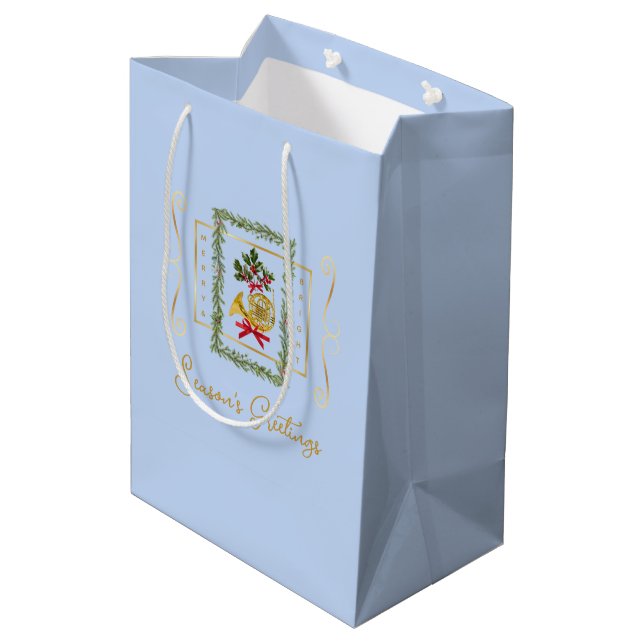 Sacola Para Presentes Média Elegant French Horn Christmas Light Blue Gift Bag (Verso inclinado)