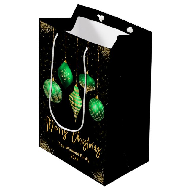 Sacola Para Presentes Média Elegant Gold and Green Ornament Christmas (Frente inclinada)