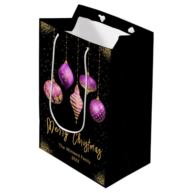 Sacola Para Presentes Média Elegant Gold and Purple Ornament Christmas (Frente inclinada)