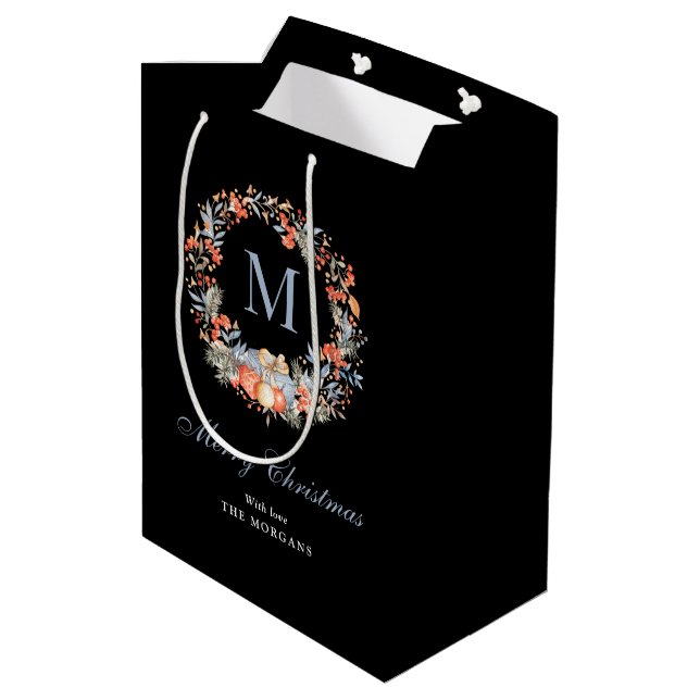 Sacola Para Presentes Média Elegant Monogram Wreath Chic Black Christmas (Verso inclinado)